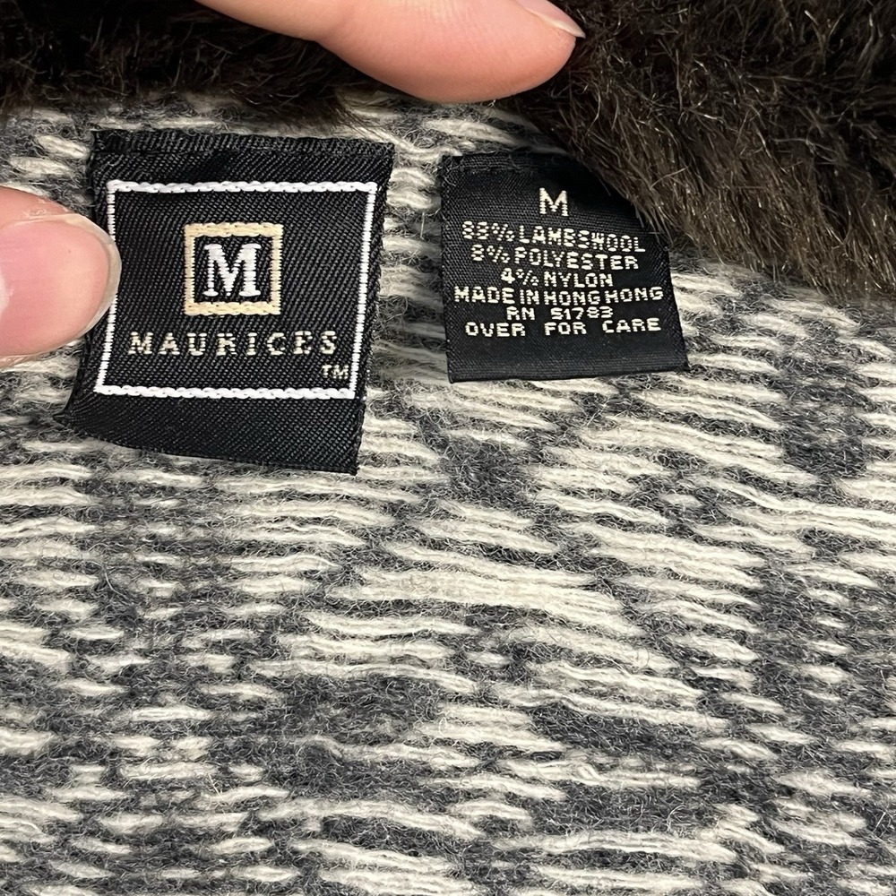 VTG Maurices Womens M Nordic Fair Isle Lambswool Blend Zip Cardigan Fur Collar - Picture 9 of 15